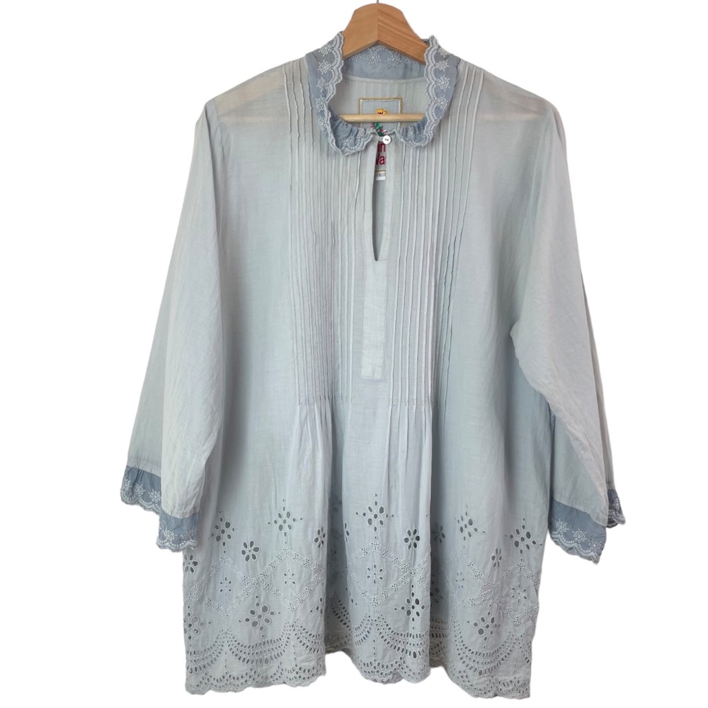 Johnny Was Dainty Georgette Lace Eyelet Ruffle Pintuck Peasant Tunic Top Size L